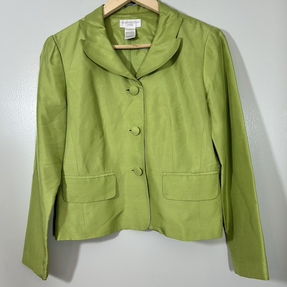 VTG 100% Silk Lime Green Blazer 6P Suit Separate Worthington Petal Leaf Collar